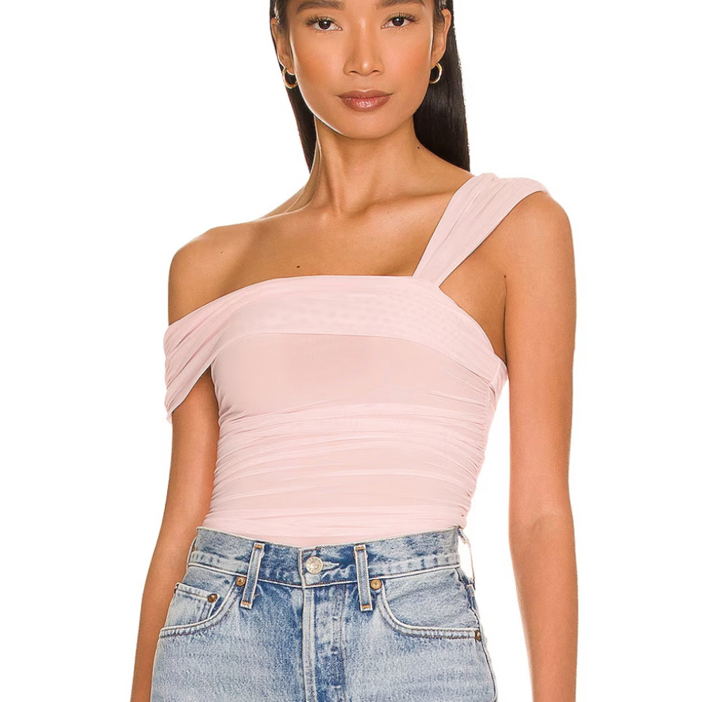 Majorelle Pastel Pink Ruched Bodysuit Size Small One Shoulder Top Asymmetric NEW
